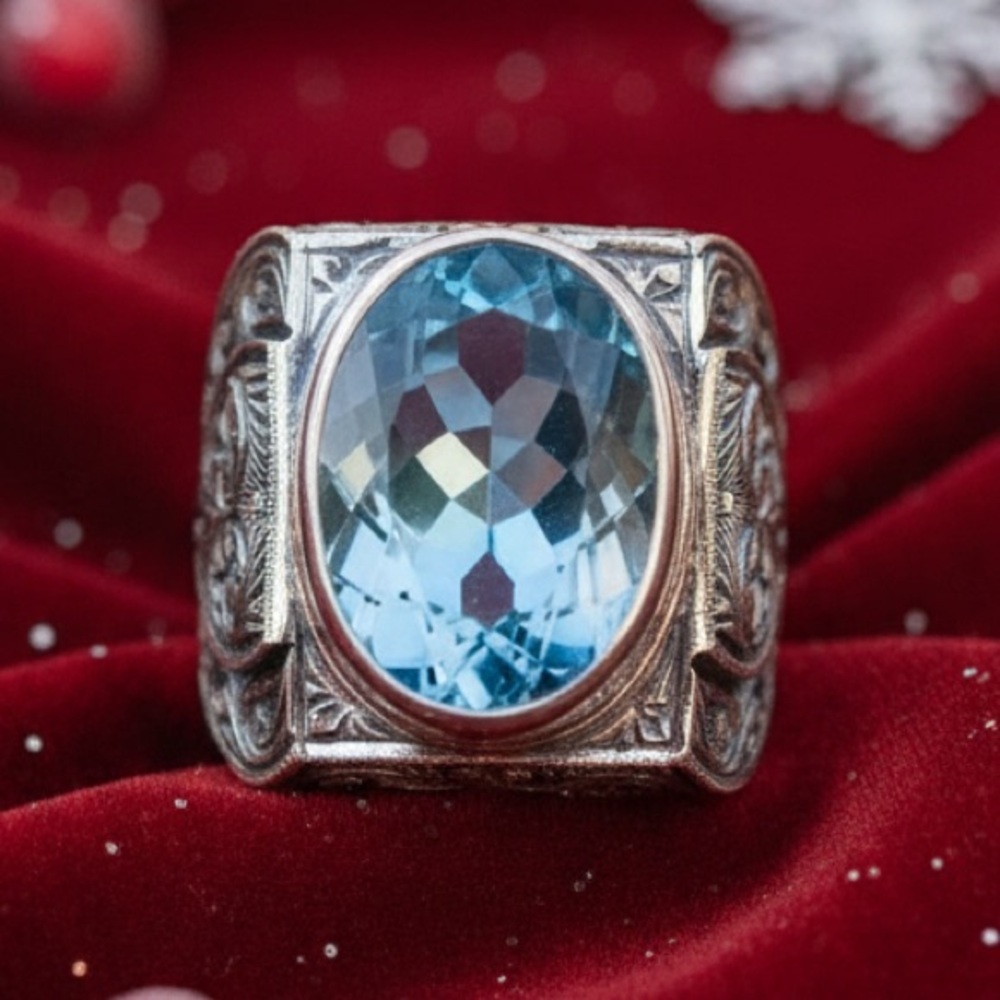 Artisan, Boho, Vintage Style Ottoman Style 925 Sterling Silver Aquamarine Ring - Picture 6 of 6